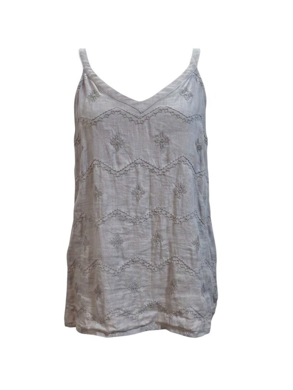 Saint Tropez West Top Womens M Gray Embroidered Geometric Coastal 100% Linen